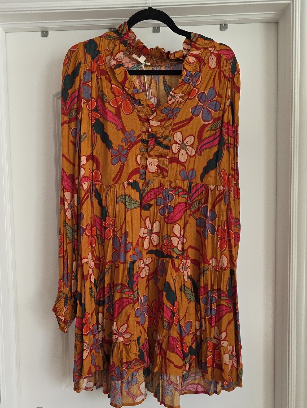 NWT Easel Oversized Small Mustard Floral Long-Sleeve Tiered Mini Dress
